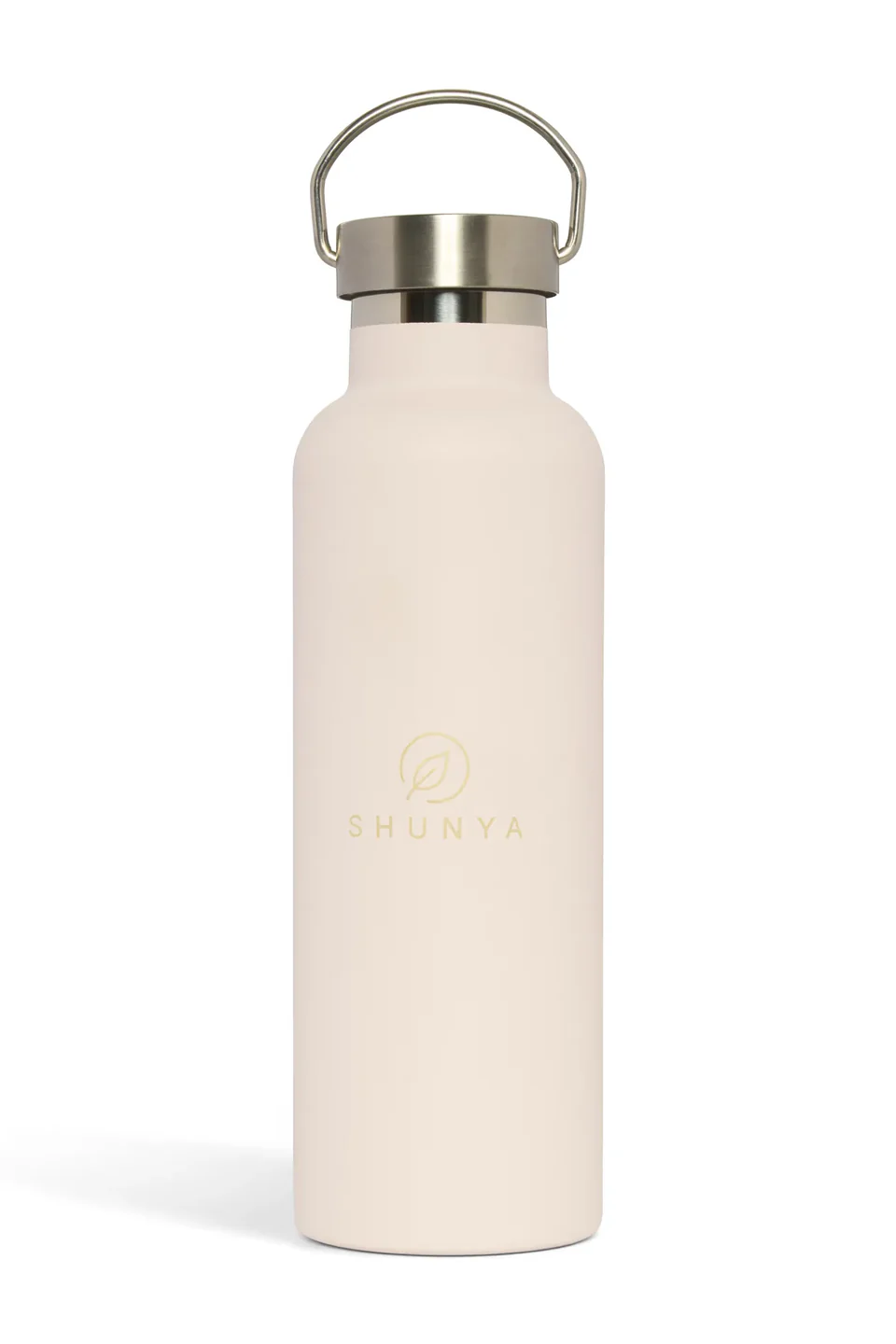 SHUNYA shaker bottle in Dusty Rose, front view, with the stainless steel handle loop raised above the brushed steel lid