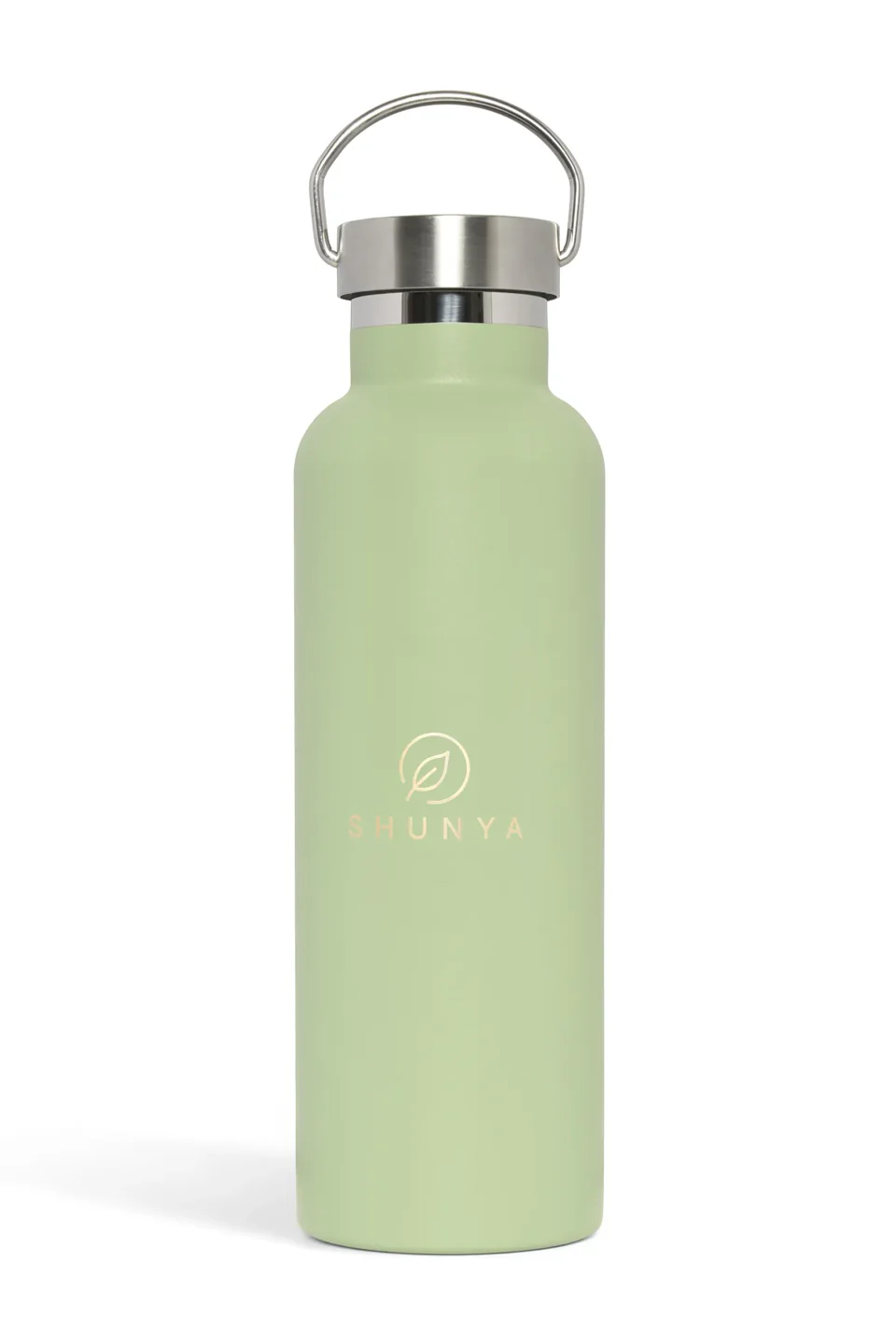 SHUNYA shaker bottle in Matcha Sage, front view, with the stainless steel handle loop raised above the brushed steel lid